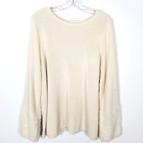 J.Jill Women Fuzzy Sleeve Sweater Size XL Pullover Ivory Cotton Blend Crew Neck - Picture 1 of 6